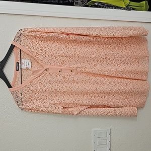 Hemish Peachy Pink 2X Lace Long Sleeve Blouse
